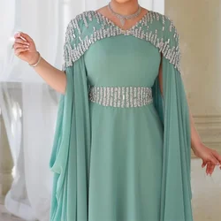 Maßgeschneidertes Chiffon-Perlenkleid mit drapierter Falte, A-Linie, V-Ausschnitt, maßgeschneidertes Anlasskleid, lange Kleider aus Saudi-Arabien