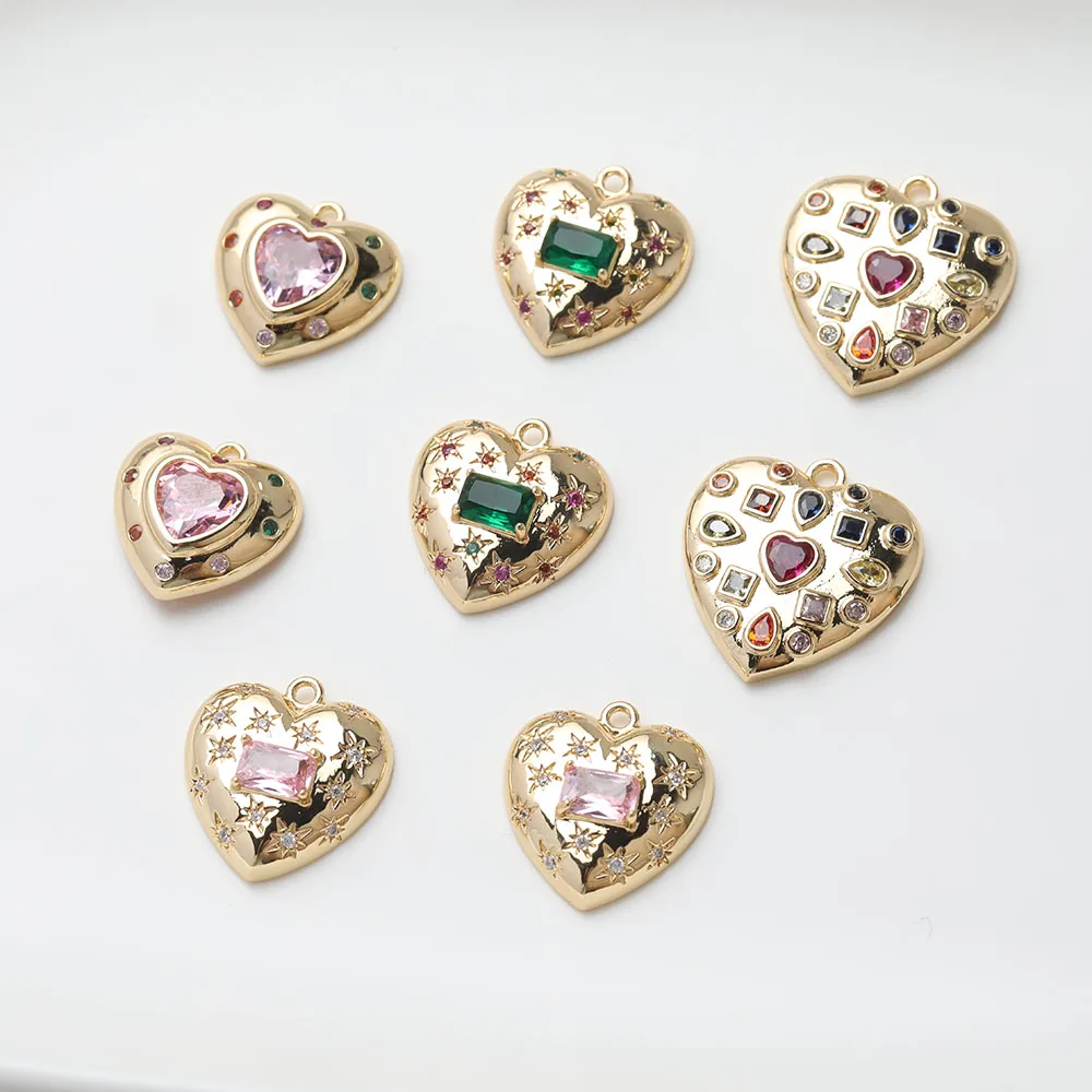 2PCS 14K Gold Plated Colorful Zircon Heart Pendant Brass Jewelry DIY Making Supplies Material Accessories