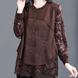 Stylish Vintage Lace Patchwork Knitted Blouse Spring Autumn Long Sleeve Female Clothing Round Neck Casual Loose Hollow Out Shirt