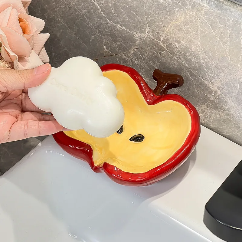 Apple-Shaped Automatic Draining Creative Ceramic Soap Dish, Soap Holder, And Storage Rack for The Bathroom