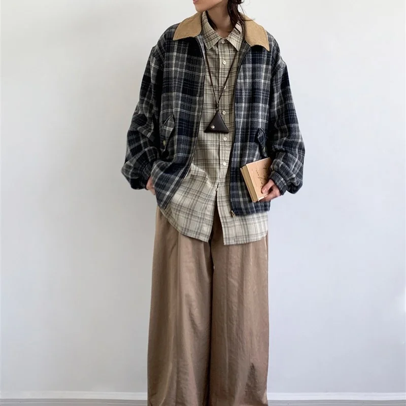 

Осенняя клетчатая рабочая одежда Jaet ex Oversized Splicing Street Sle Мужская и женская верхняя одежда Long Sve Casual Faion