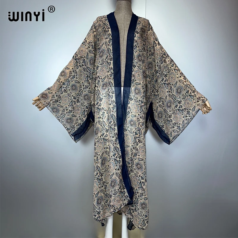 WINYI bohemian พิมพ์กิโมโน elegant kaftan beachwear maxi เสื้อสเวตเตอร์ถักชุดยาว abaya ดูไบหรูหรา cover-ups ชุดชายหาดผู้หญิง