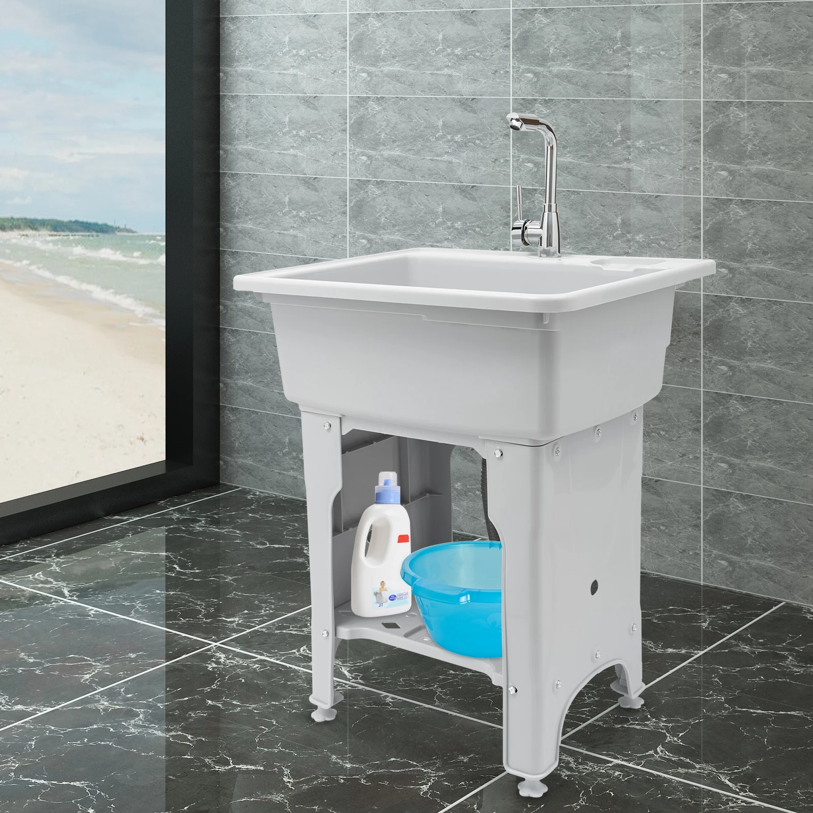 65/80cm Laundry Sink Spacious Utility Sink Utility Sink with Storage Shelf Slop Sink Wash Station