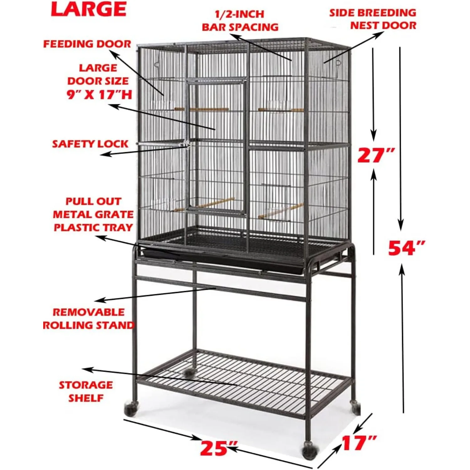 54" Large Wrought Iron Metal Bird Flight Breeder Cage with Side Breeding Nest Doors with Removable Rolling Stand