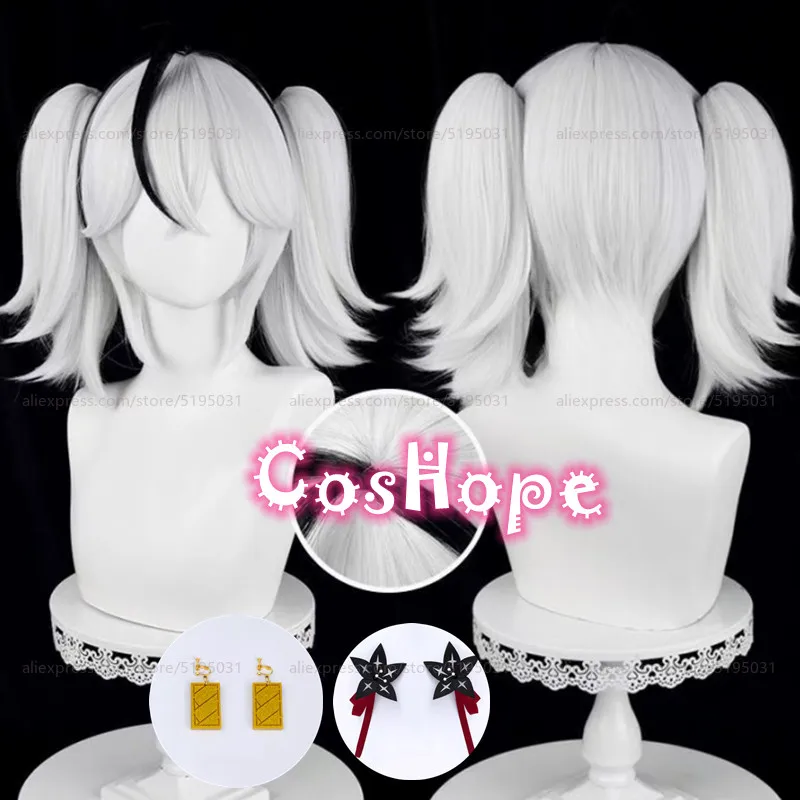 Camellya Cosplay Wig 30cm Short Hair with Double Ponytail Silver White Black Wig Cosplay Anime Heat Resistant Synthetic Wigs