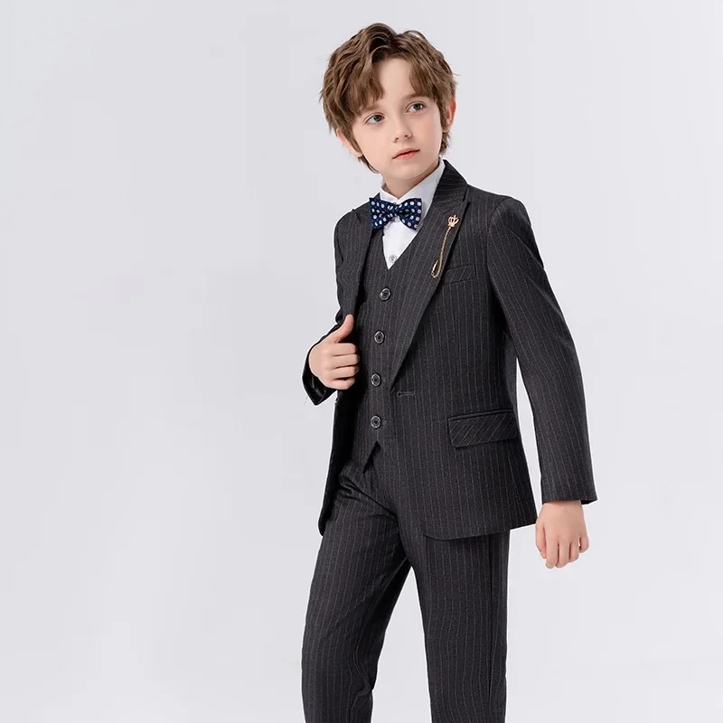 

Boys Grey Slim Fit Suits Formal Wear Children Teenager Best man Host Performance Clothes Kids Striped Students Party Full Dress