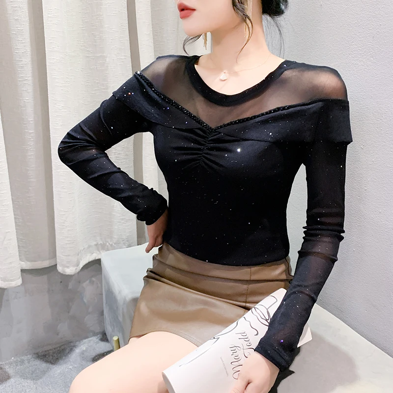 MadBlack-Women's European T-Shirt, Sexy O Neck Beading Top, Streetwear Long Sleeve Slim Mesh Patchwork Tee, Fall Winter T4N405CC image 4
