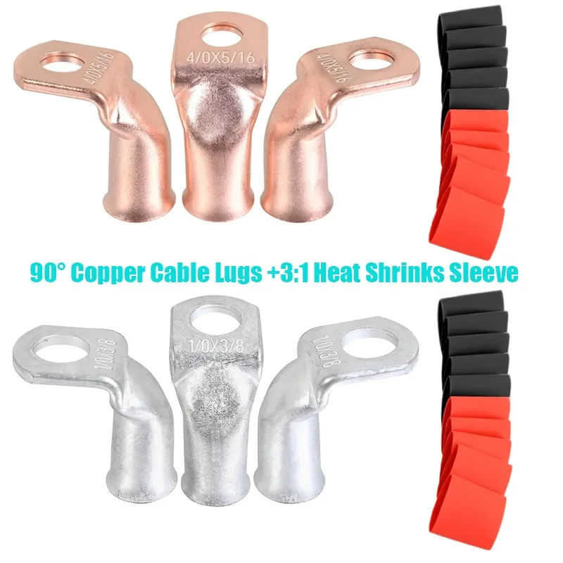 

90° Copper Cable Lugs +3:1 Heat Shrinks Sleeve 4/0 AWG-5/16 90 Degree Bent Battery Lugs Ring Terminal Cable Ends Wire Connector