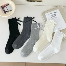 Japanese JK Sweet Bowknot Tied Middle Tube Socks Women Heel Bow Socks Casual Black White Pile Socks Girls Sports Cotton Socks