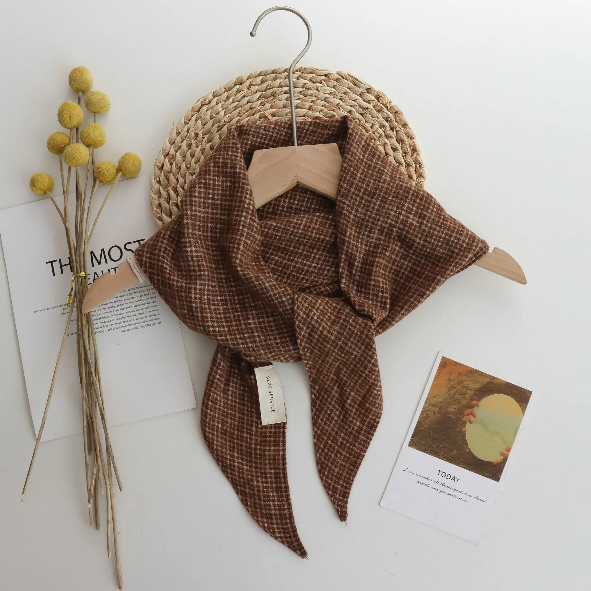 Early Autumn New Warm Color Plaid Scarf Neck High-Grade Temperament Diamond Neckerchief Korean Ins Thin Scarf for Women