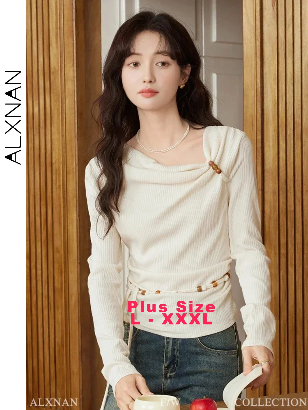 

ALXNAN Women's Plus Size Long Sleeve T-shirts 2024 Fall Winter Irregular Skew Neck Kink Lady Gentle Slimming Commuter Top D07206