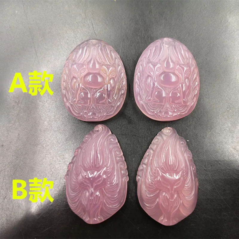 Cheap Jade Pink Chalcedony Agate Nine-Tail Fox Pendant Light Pink Agate Double Fox Pendant