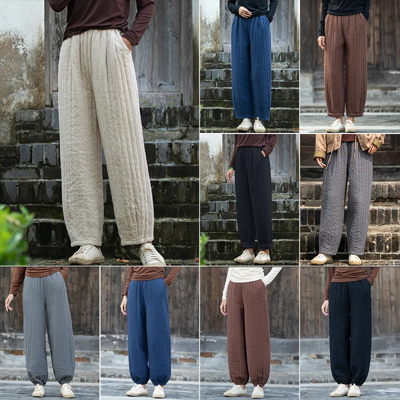 Vintage Literature Art Women Winter Cotton Quilted Pants High Waist Baggy Trousers Windproof Thicken Warm Harem Pants