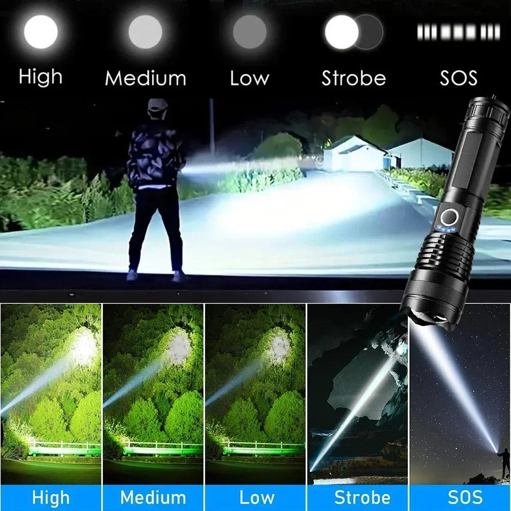 P50 Aluminum Alloy Glare Flashlight 26650/18650 USB Charging Long-Range Outdoor Waterproof Telescopic Zoom Night Fishing Light