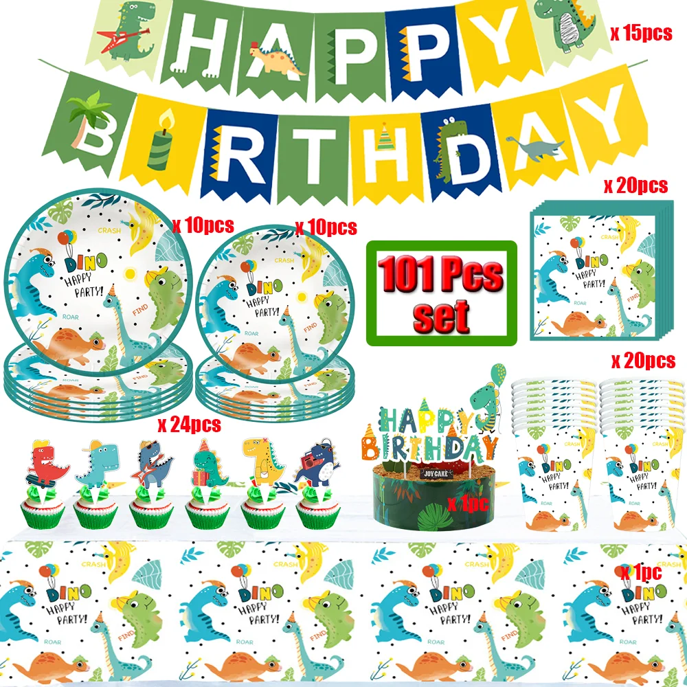 Cartoon Green Dinosaur Theme Boys Girls Birthday Dino Party Decorative Tableware Set Children's Toys Baby Shower Party Supplies