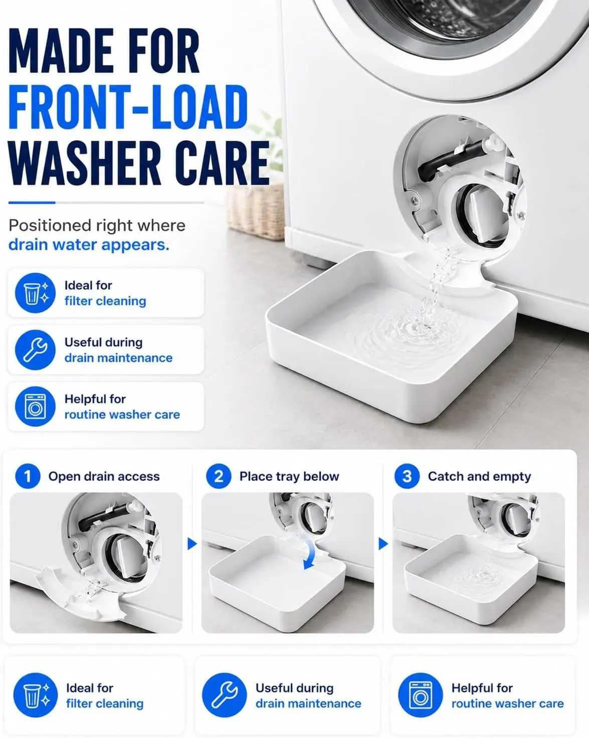 Drain tray positioned for washing machine filter cleaning