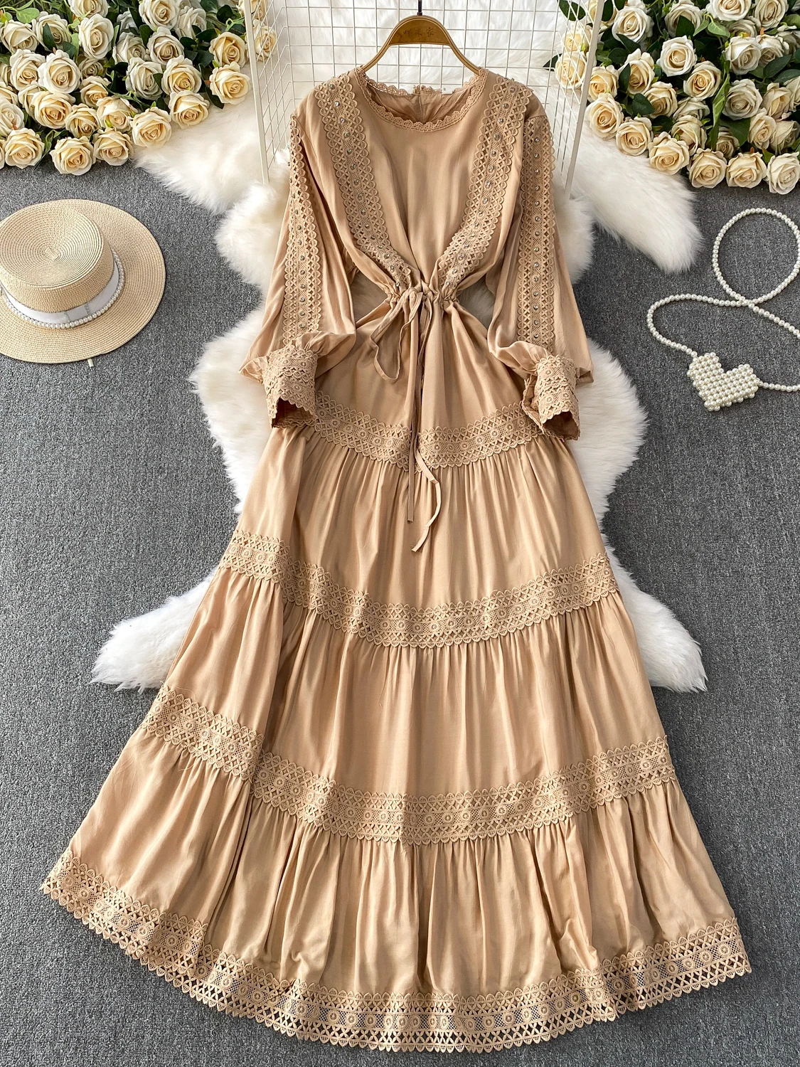 Ele lourd embelli diamant dentelle ronde Ne Dr femmes automne Dstring taille cintrée jupe longue trajet Sle haute...