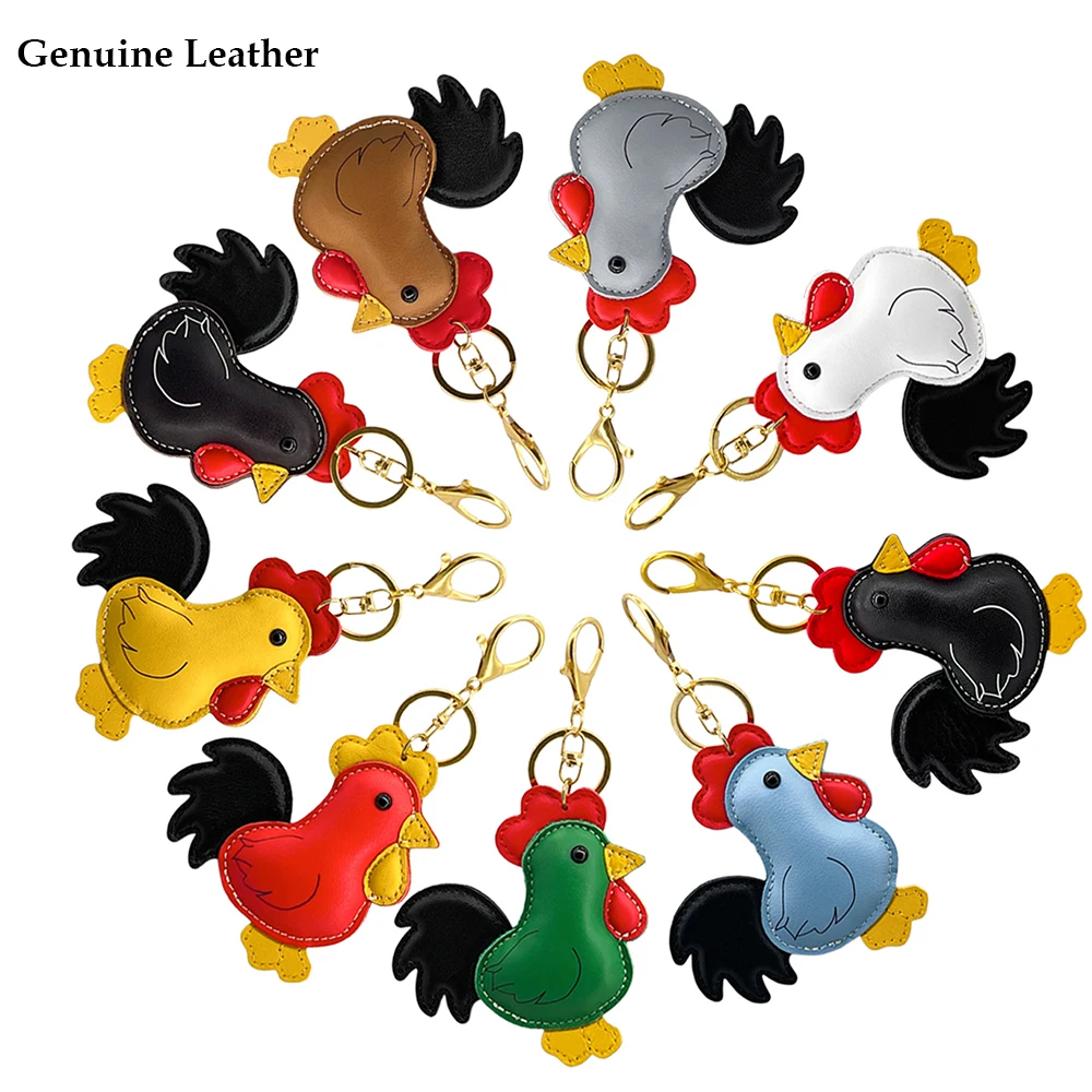 Genuine Leather Cartoon Rooster Charm Bag Pendant Keychain Cute Cock Top Layer Cowhide Handbag Charm for Women Purse Accessory