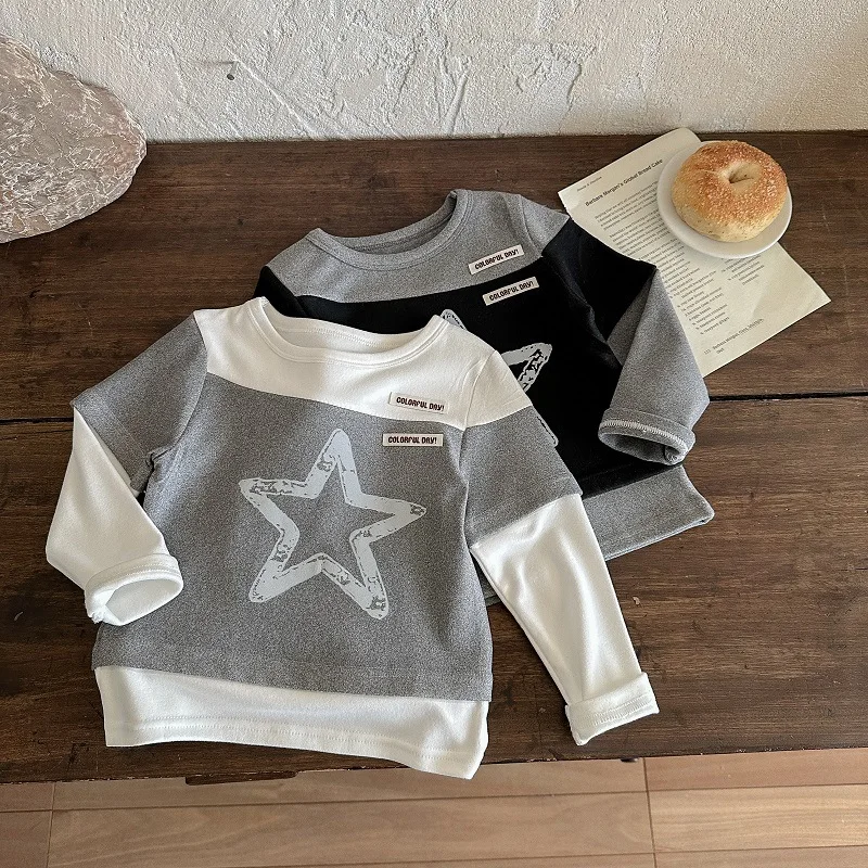 Boys T-shirts Autumn 2025 Tops for Kids Cartoon Star Children's Bottom Fashion Children Long-sleeved Tees Toddler Casual Outfits