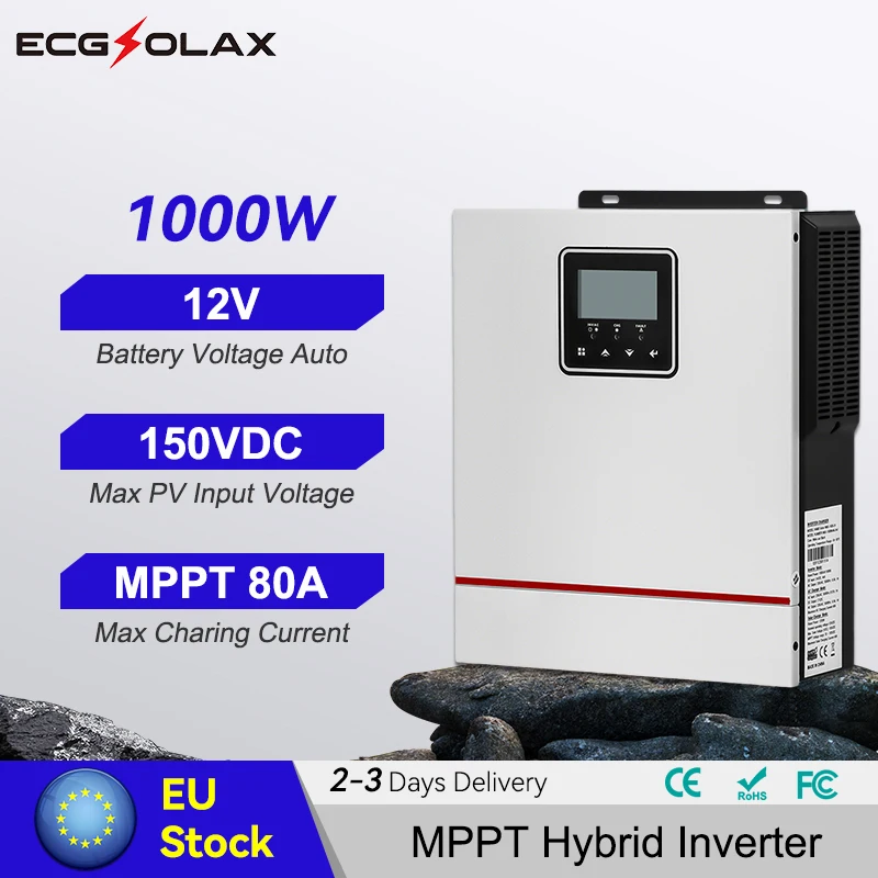 ECGSOLAX 1KW Hybrid Solar Inverter 12V 220V Solar Hybrid Controller Inverter Built-in 80A MPPT Off-grid Hybrid Inverter