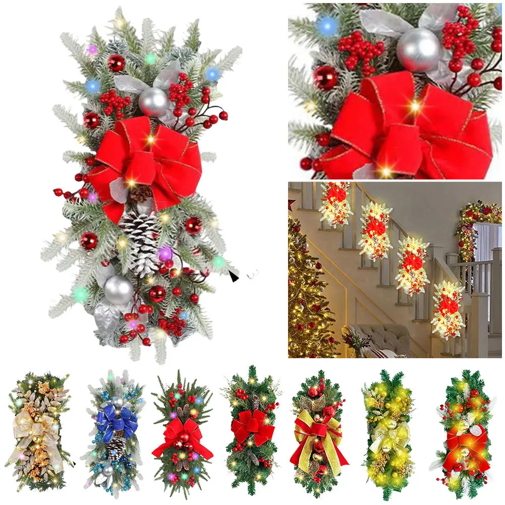 

Hanging Stairs Garland Christmas Swag Door Wreath Pendants Stairway Swag Trim Lights Up LED Wreath Christmas Hanging Decoration