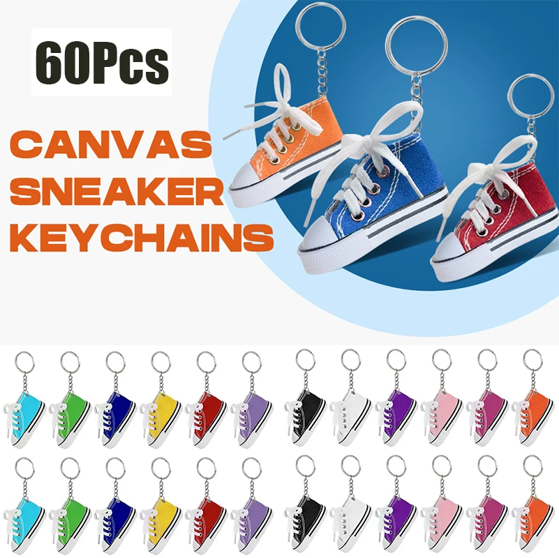 60Pcs Mini Canvas Shoe Keychains Cute Small Sneaker Key Rings DIY Craft Ornaments Bag Pendant Gift for Kids