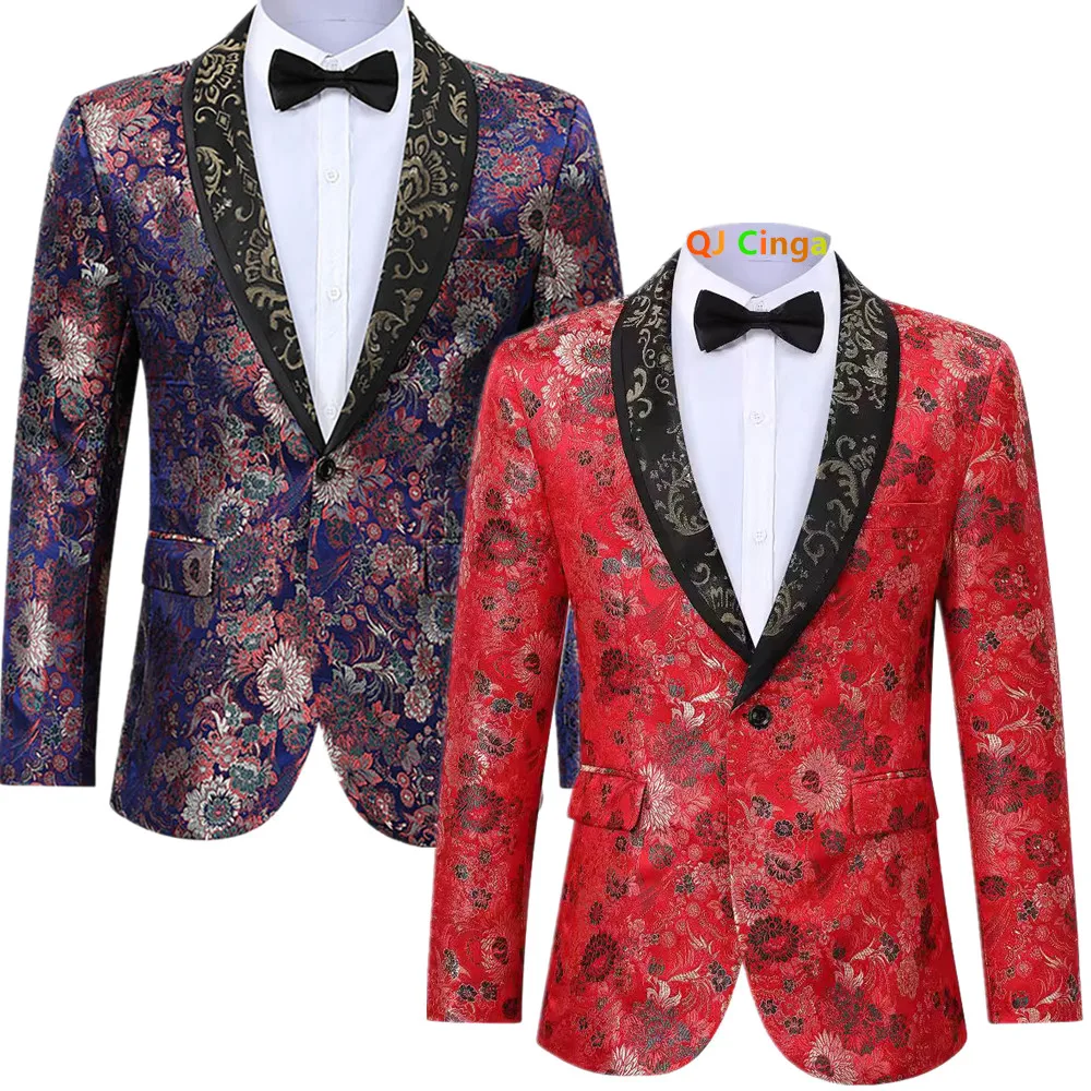 2026 Men's Red Brocade Tuxedo Jacket with Black Lapel, Embroidered Floral Pattern, One Button, Formal Party/Wedding Suit Blazer.