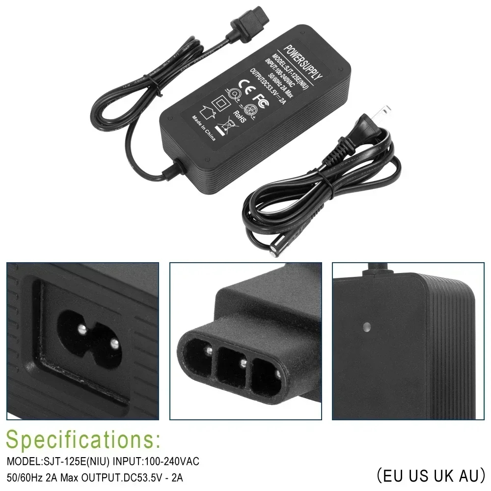 EU US UK AU Plug 53.5V 2A Battery Charger Ebike Charging Adapter Parts For NIU KQi2 KQi3 Electric Kick Scooter Accessories