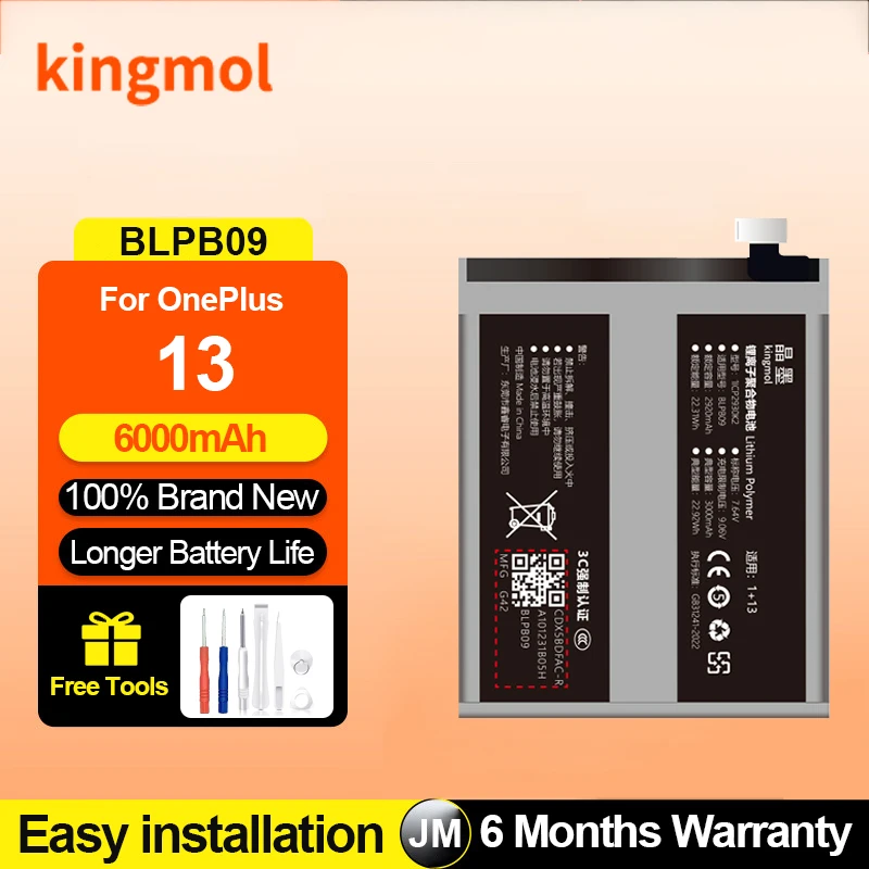 Real Capacity Battery for OnePlus 13 12 11 10 Pro 9RT 8 7 6 One Plus Replacement Bateria with Repair Tools Long Lasting Kingmol