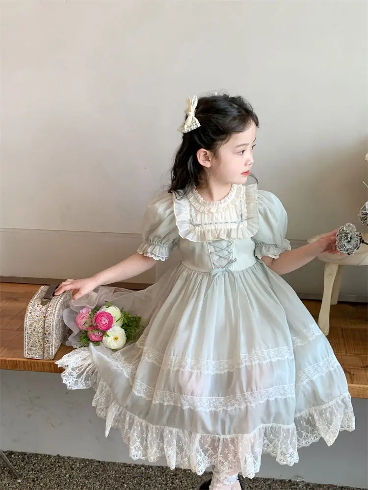 23Girls\' Summer New Princess Dress Children\'s Sweet Western Style Heavy Industry Retro Birthday Lace Dress