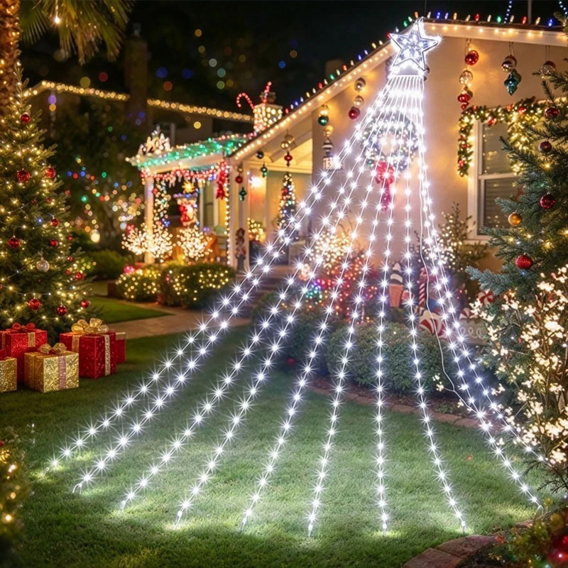 USB Powered 9X2M 198LED Outdoor Christmas Waterfall Star String Light Hanging Tree Topper Fairy for Garden Yard Party Decor Glow