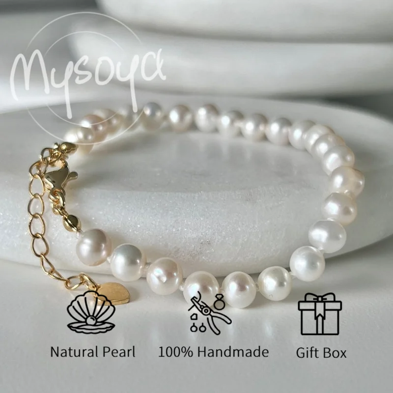 

MYSOYA 5-6mm Natural White Freshwater Pearl Bracelet For Women And Men With Gift Box Birthday Wedding Anniversary Jewelry Gift