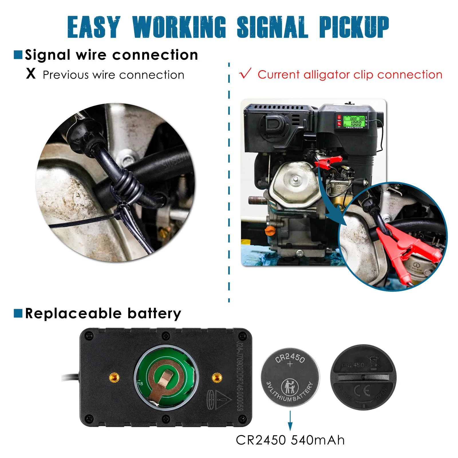 Digital Hour Meter Tachometer with Alligator Clip, Maintenance Reminder for Lawn Mower Generator Motorcycle Outboard Motor