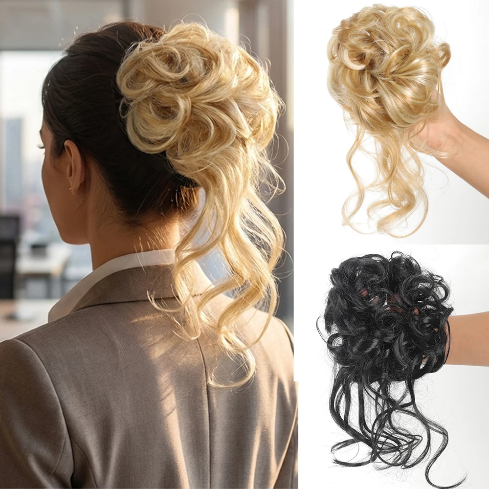 8Inch SyntheticMessy Curly Hair Bun Synthetic High Temperture Fiber Hair Invisible Hair Wrap Curly Ponytail Elastic Hairbund