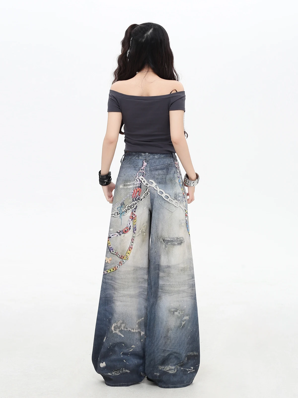 Chain Printing Ink Splashing Old Heavy Industry Print Jeans 2025 Autumn High Street Loose Wide-leg Jeans Blue Jeans for Women