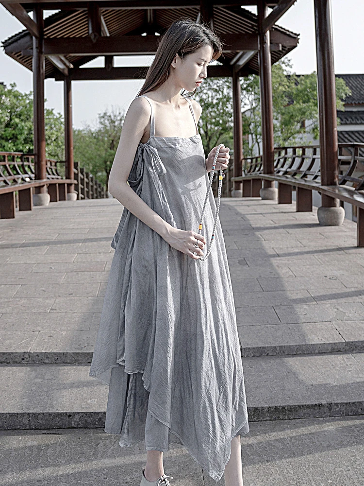 UMI MAO Yamamoto Dark 2022 Spring Summer Ribbon Spray Dyeing Grey Suspender Skirt Dress Female Women Y2K