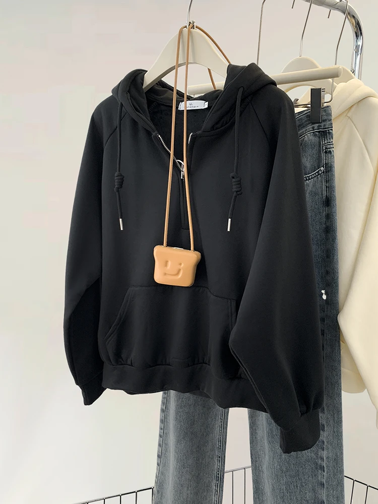 Women Hoodie Harajuku Loose Oversized Solid Color Top Half Zipper Sweatshirt Casual Versatile Long Sleeve Pocket Hooded Coats