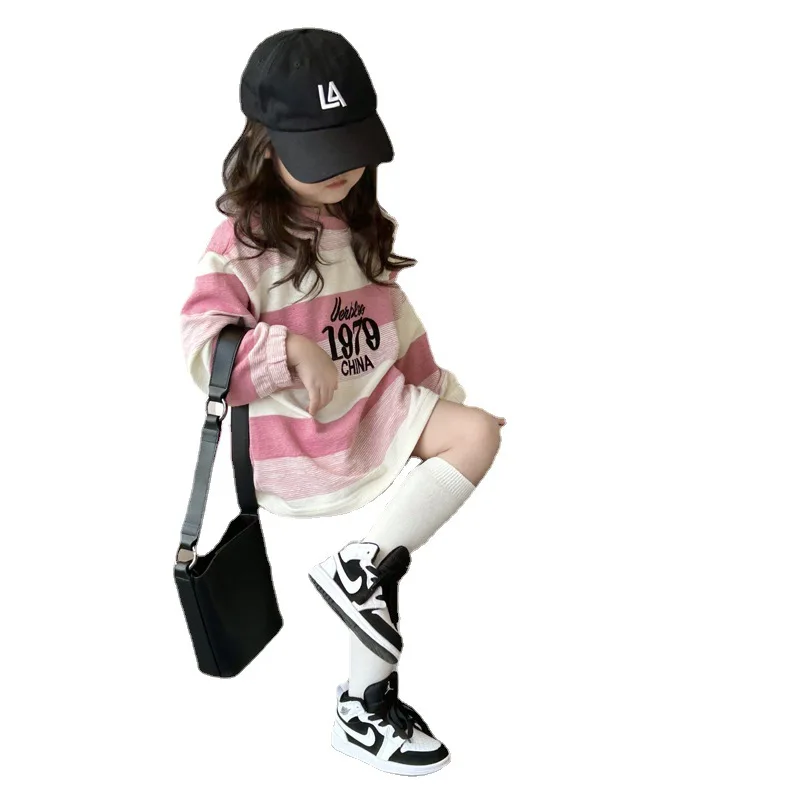 ChildrenTT-shirt2024Spring and Autumn New Girls' Wide Striped Embroidered Letters Mid-Length Bottoming Shirt