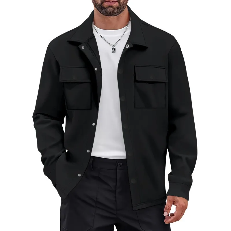 Men's Button Front Long Sleeve Workwear Jacket with Two Chest Pockets and Snap Button Flaps, Solid Color Regular Fit Non Hooded