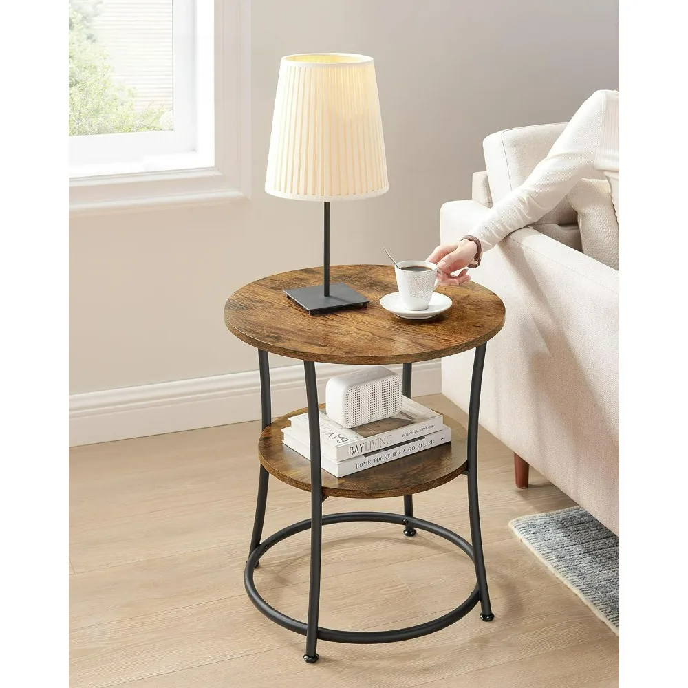 

Side Table, Round End Table with 2 Shelves for Living Room, Bedroom, Nightstand with Steel Frame,Tables