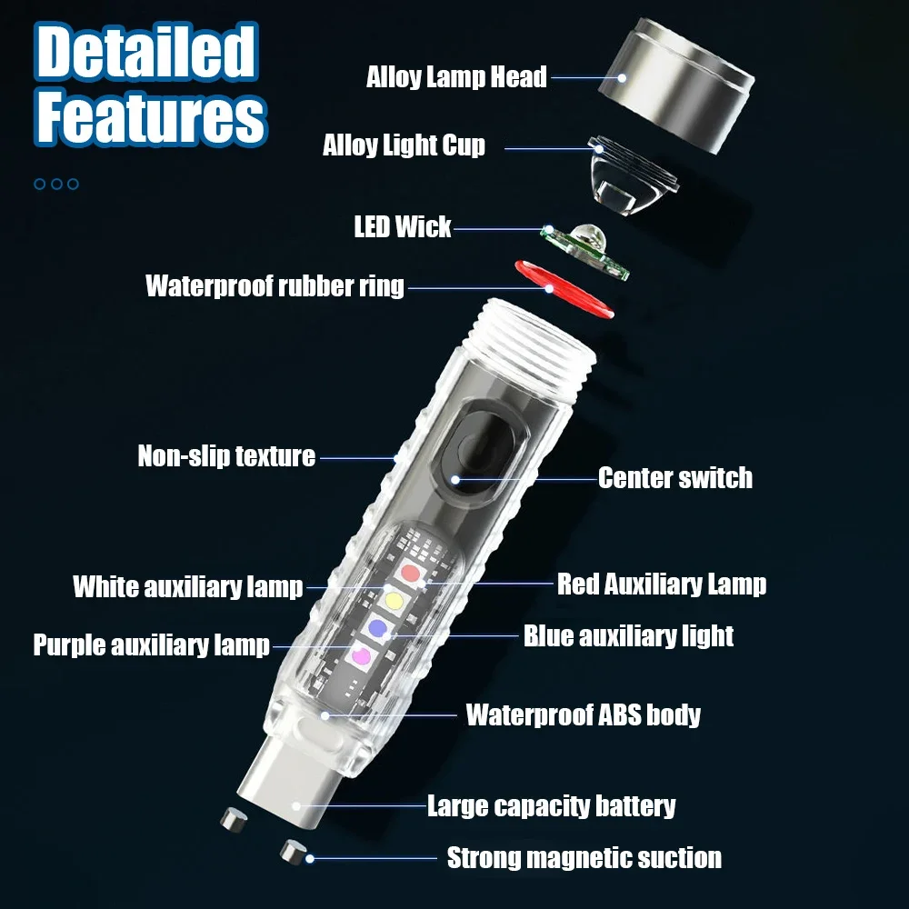 Mini LED Flashlight Waterproof Camping Flashlight Keychain Portable Magnet Multi-function Fast Charging Strong Light Flashlight