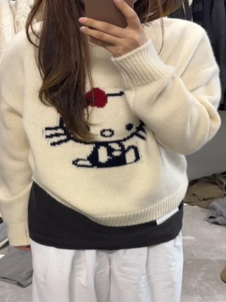 

Kawaii аниме модная повседневная женская верхняя одежда Sanrio Hello Kitty с принтом, свитер с героями мультфильмов, вязаный топ, распродажа одежды, элегантные комплекты