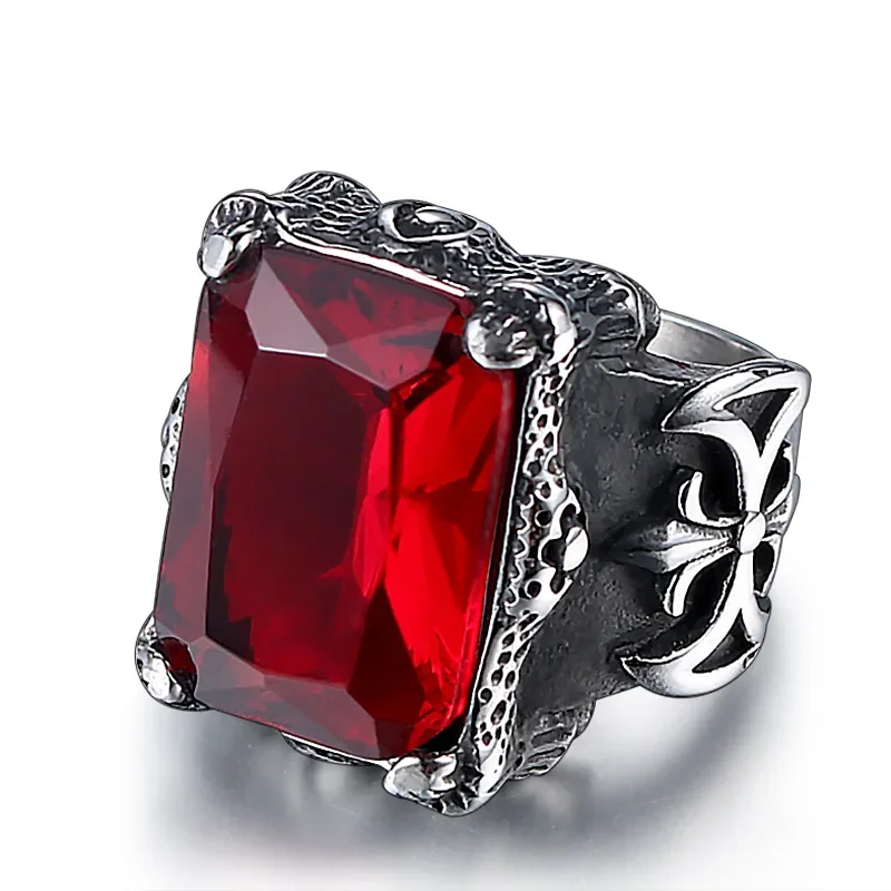 CHUANGCHENG Fashion Retro Punk Cross Ruby Stainless Steel Rings Size 7-12