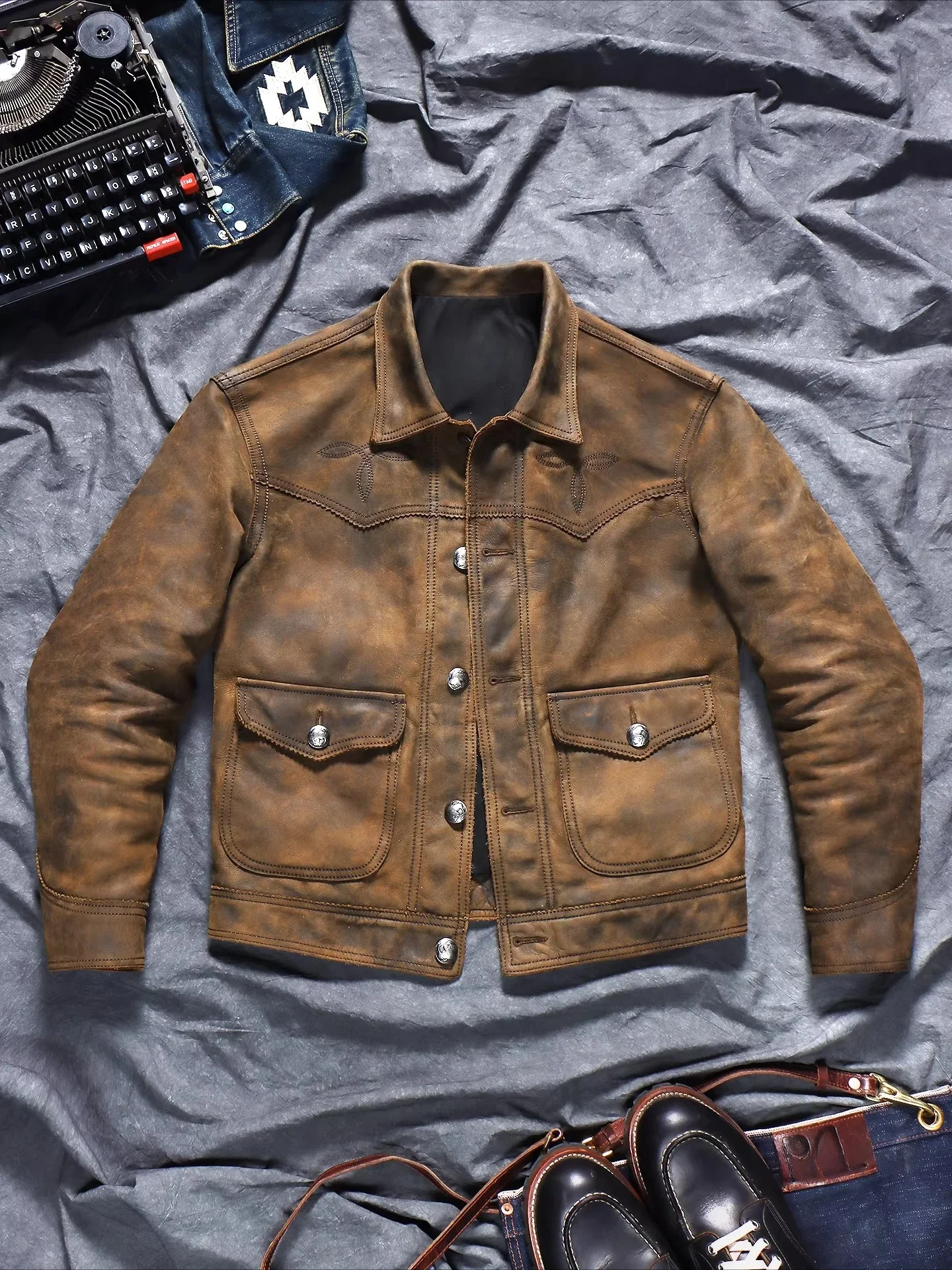 

Old men's leather jacket without cowhide, American retro lapel farmer's tooling leather jacket