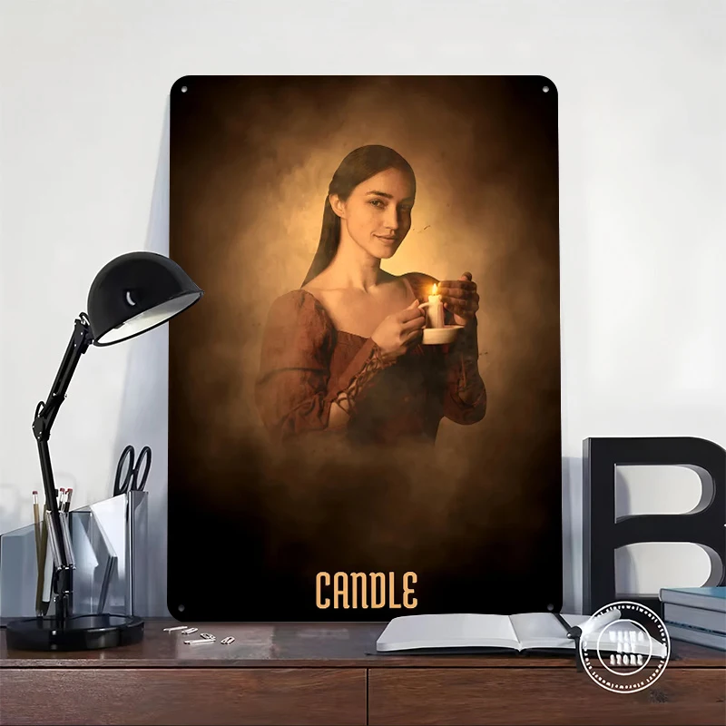Woman Holding a Candle Tinplate Poster Customized Wall Art Retro Vintage Metal Signs for Fans Bedroom Decorations Home Decor
