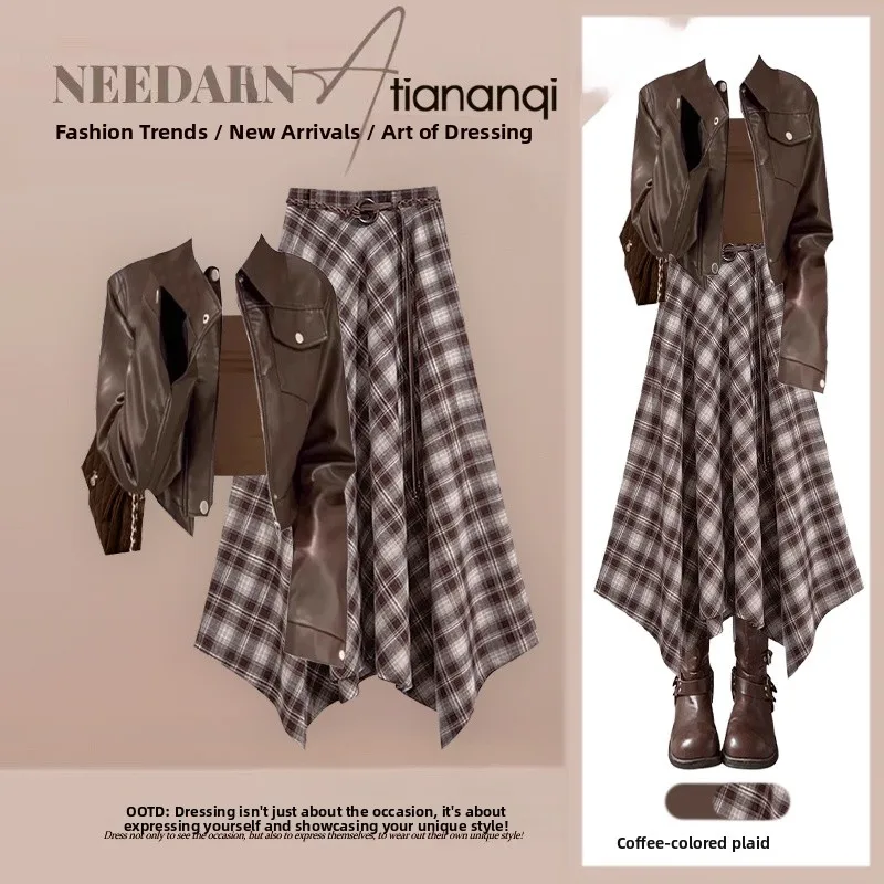 

Cool Autumn Faion Jaet Coat Inner Tank Top f Skirt Tee Piece Set Anti Aging Trendy Plaid Women's Clothing Set