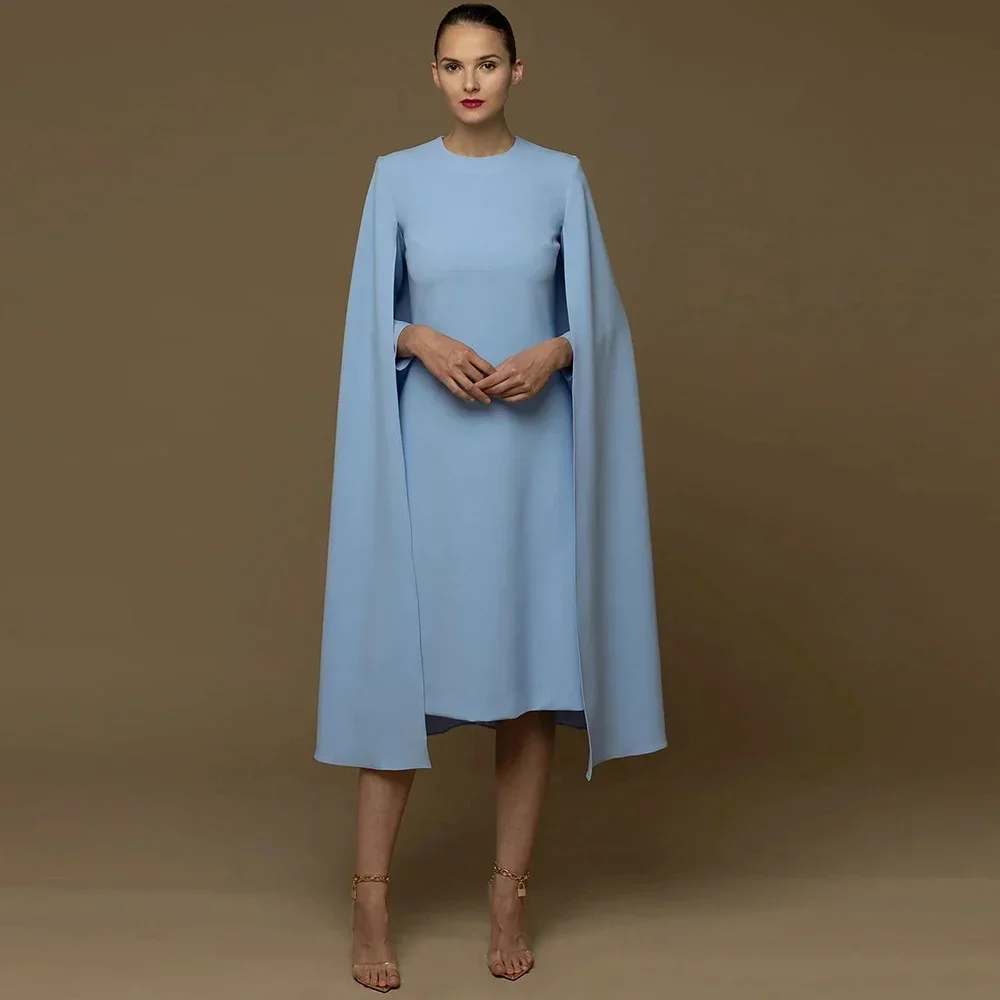 

Elegant Sky Blue Short Mother of the Bride Formal Dresses O-neck Cap Sleeves Satin Wedding Guest Party Dress Robe De Soiree