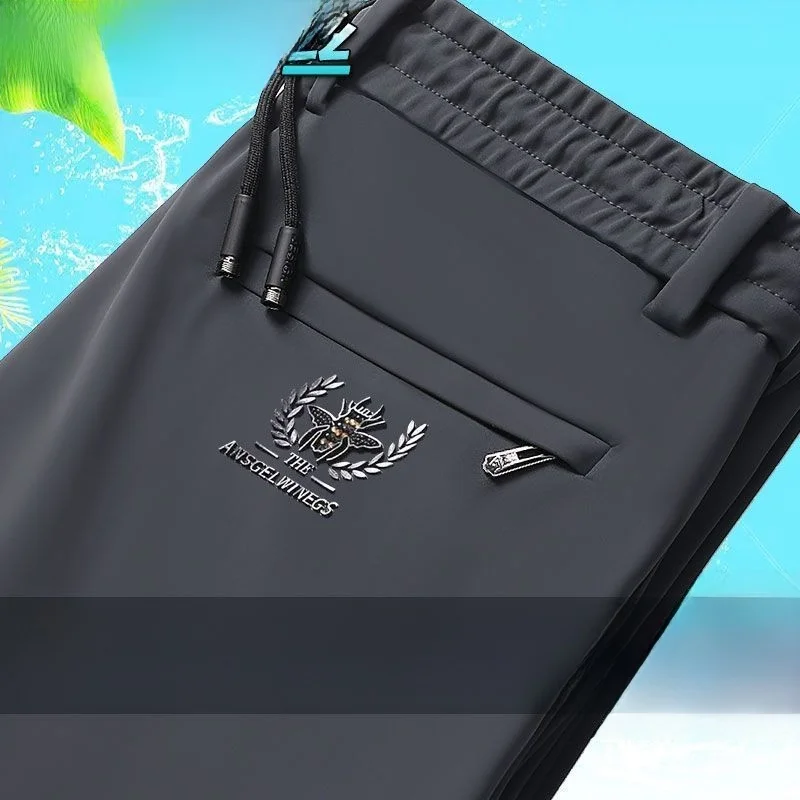 High-End-Herren-Hose aus Eisseide, Sommer, dünn, lässig, locker, gerades Bein, Qui Dry, Sport, lange Hose mit Kettenreißverschluss