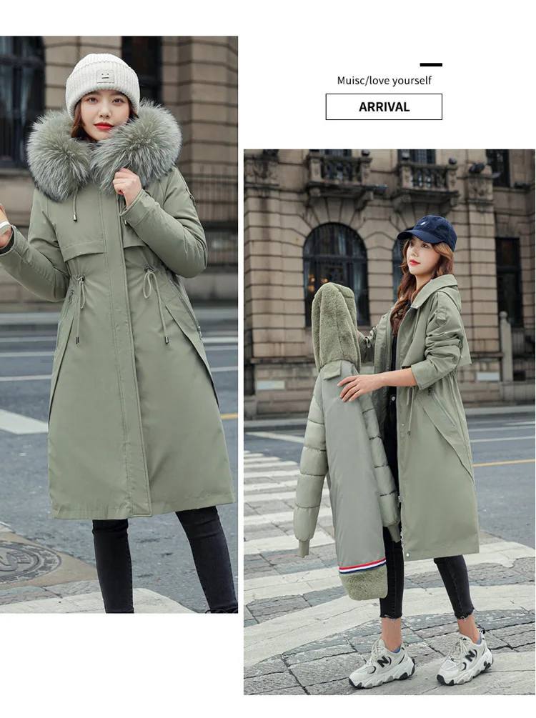 Women Hooded Parkas Coats Long Jackets Solid Detachable Big Fur Lenth Collar Zipper Drawstring Slim Fit Thick Casual 2025 Winter