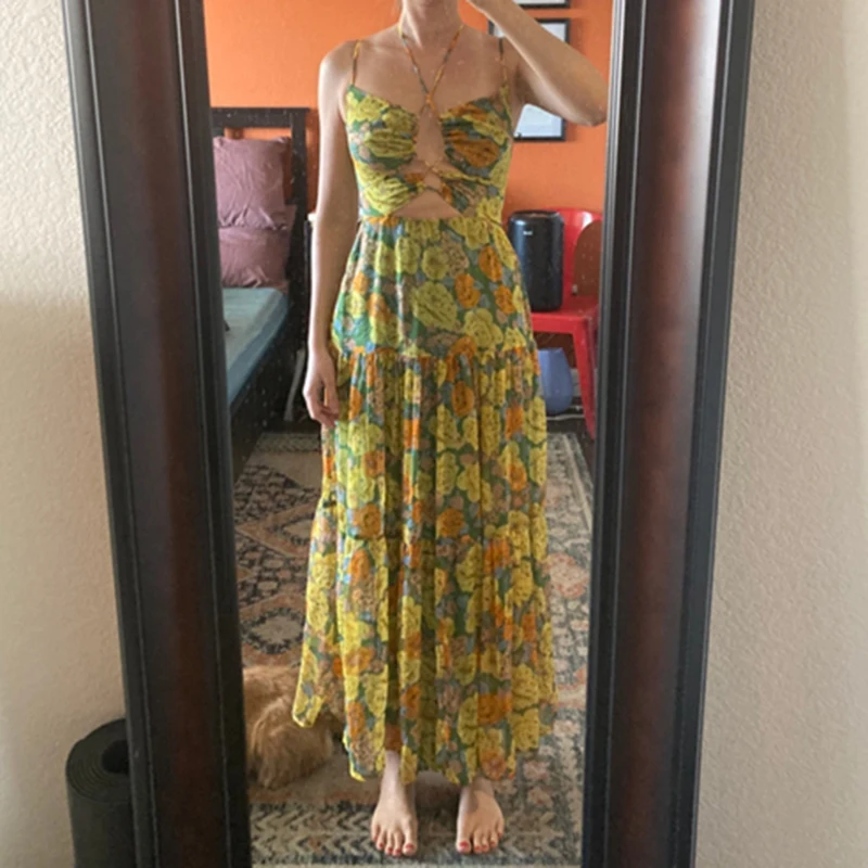 Maemukilabe 花柄カットアウトマキシドレスボヘミアンフロントタイアップ流れるドレス女性のための夏の背中の開いた A ラインドレス休暇